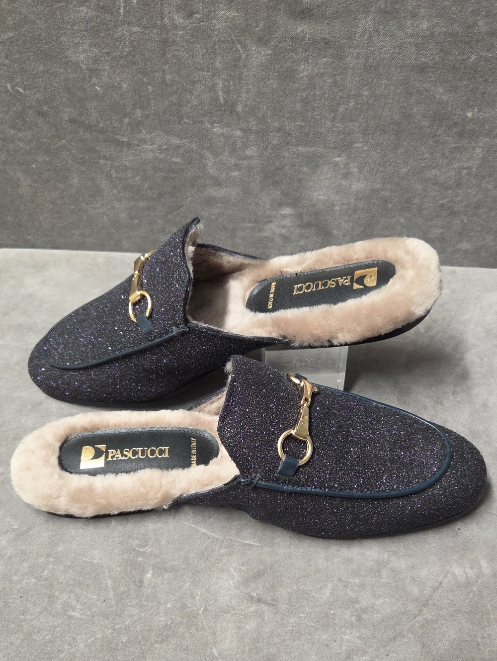 Pascucci Glittery Black Purple Glittery Tan Fur Comfort Slipper Mule Size 39